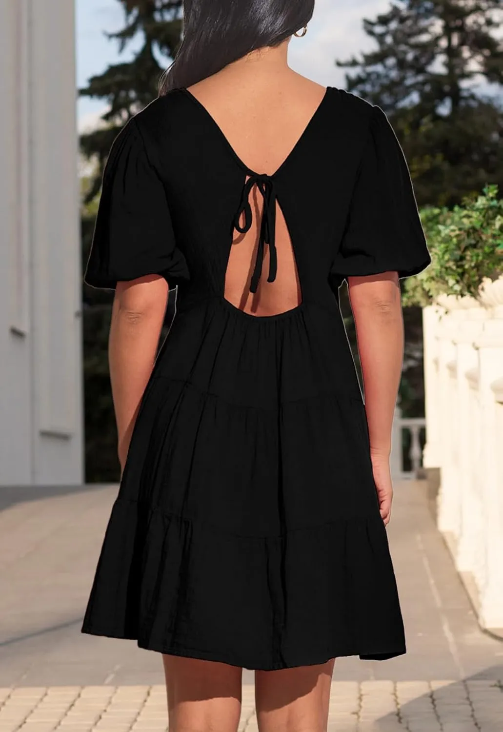 Women's Casual Dress Deep V-Neck Short Lantern Sleeve Tie Backless A Line Mini Dresses