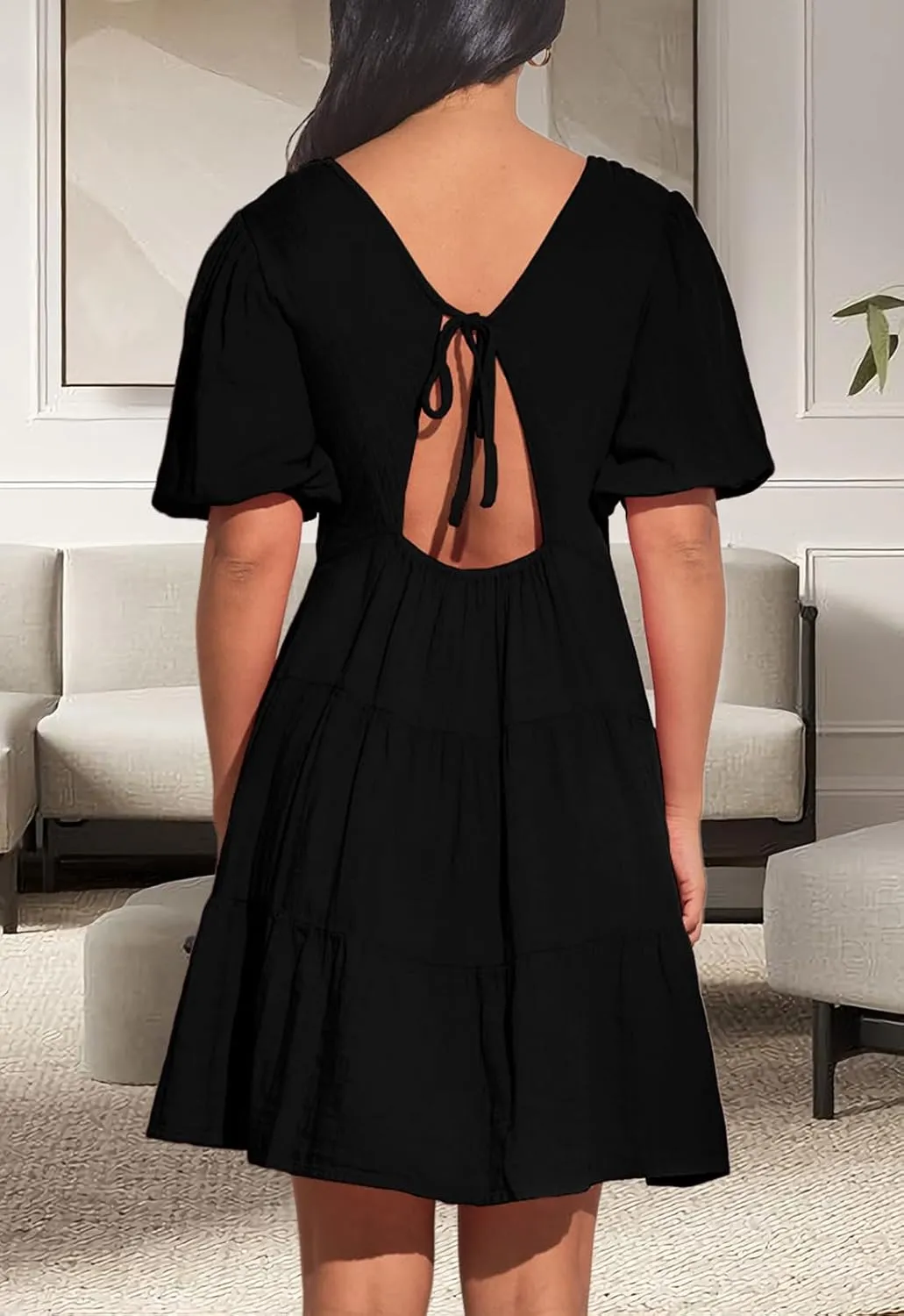 Women's Casual Dress Deep V-Neck Short Lantern Sleeve Tie Backless A Line Mini Dresses