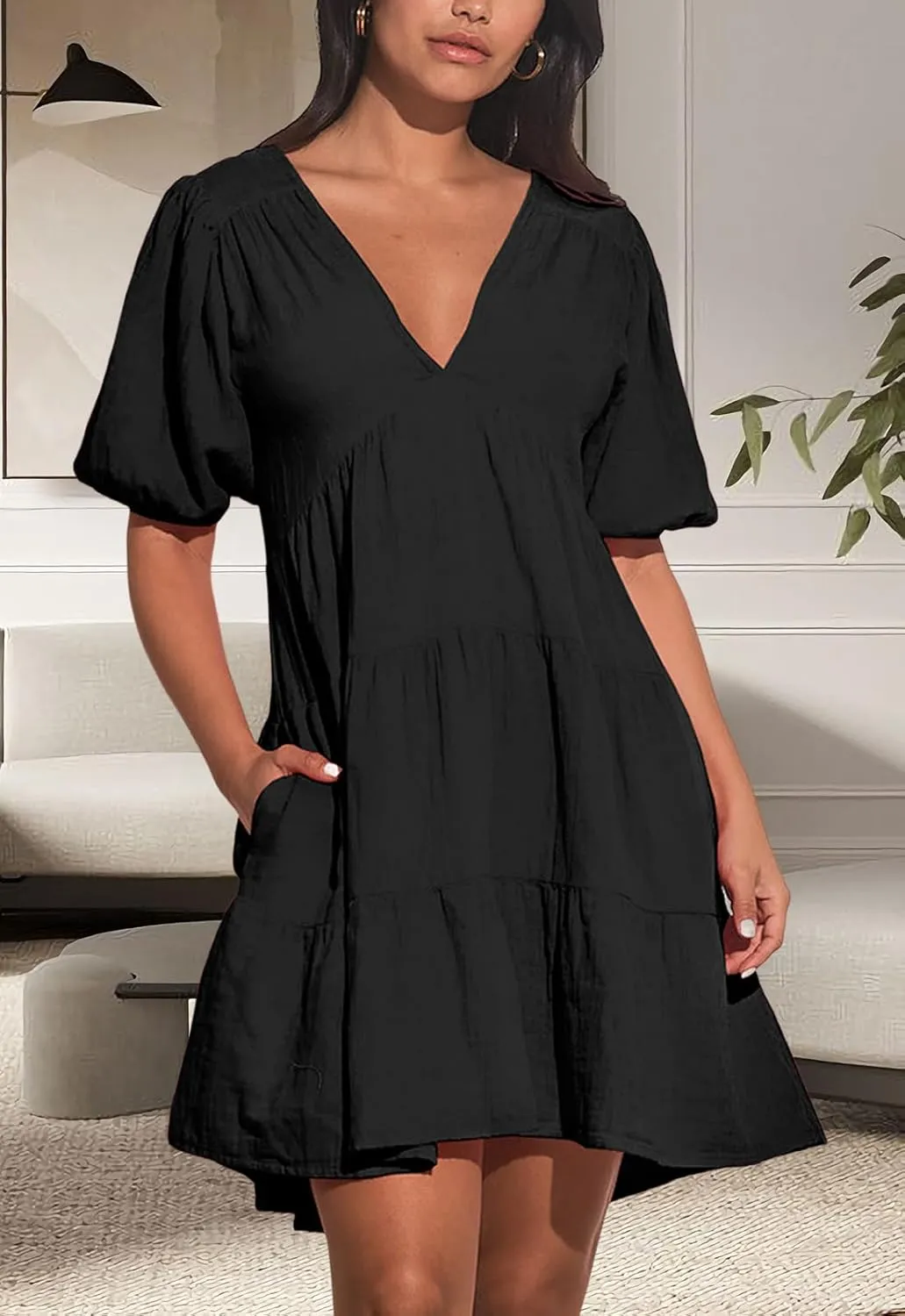 Women's Casual Dress Deep V-Neck Short Lantern Sleeve Tie Backless A Line Mini Dresses