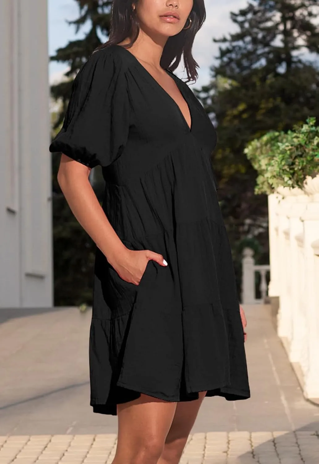 Women's Casual Dress Deep V-Neck Short Lantern Sleeve Tie Backless A Line Mini Dresses
