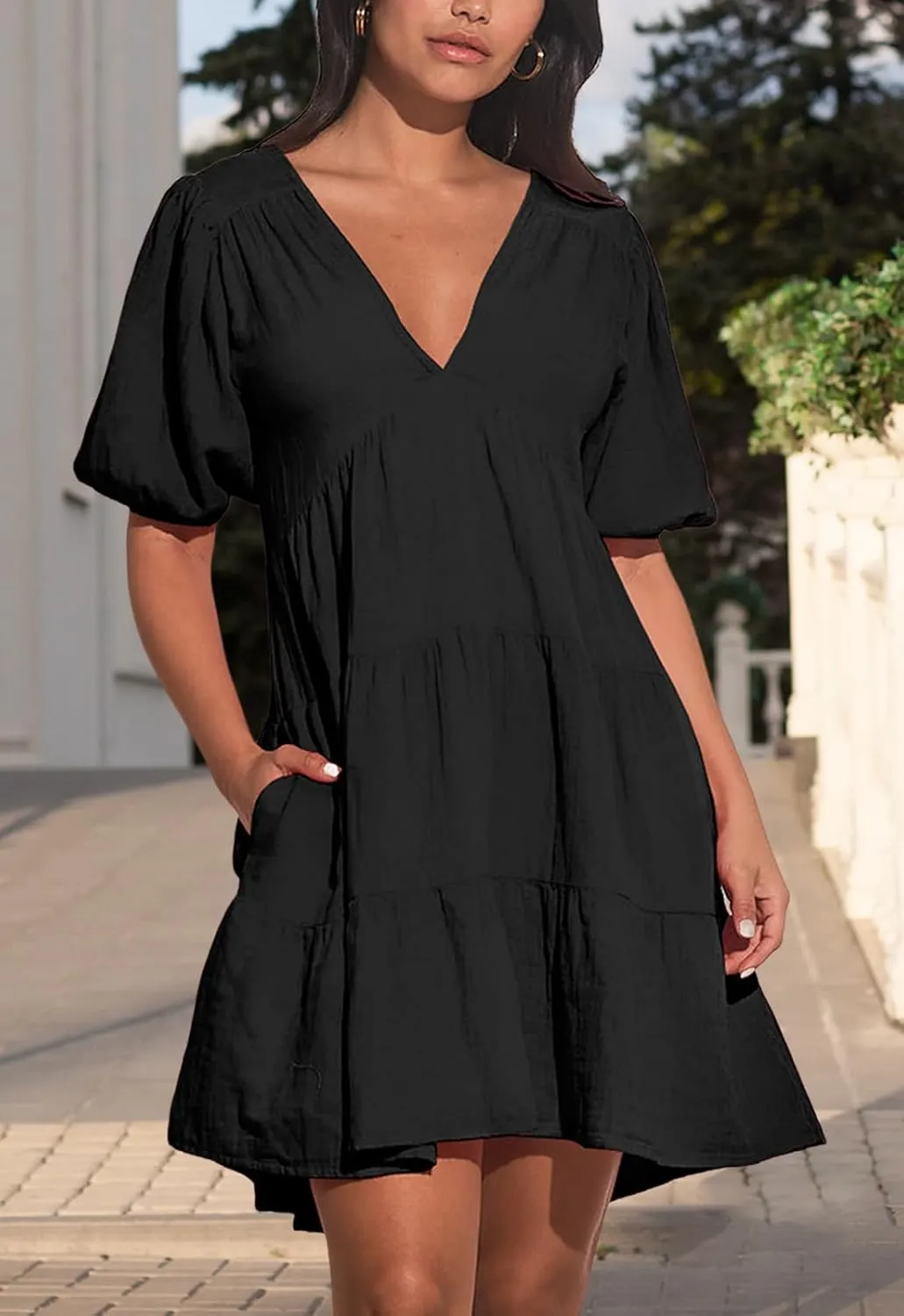 Women's Casual Dress Deep V-Neck Short Lantern Sleeve Tie Backless A Line Mini Dresses