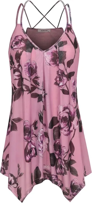 Womens Casual Spaghetti Strap Tank Tops Floral Print Asymmetric Hem Camisoles