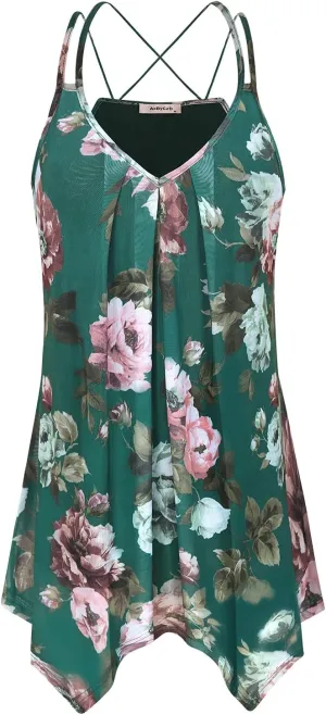 Womens Casual Spaghetti Strap Tank Tops Floral Print Asymmetric Hem Camisoles