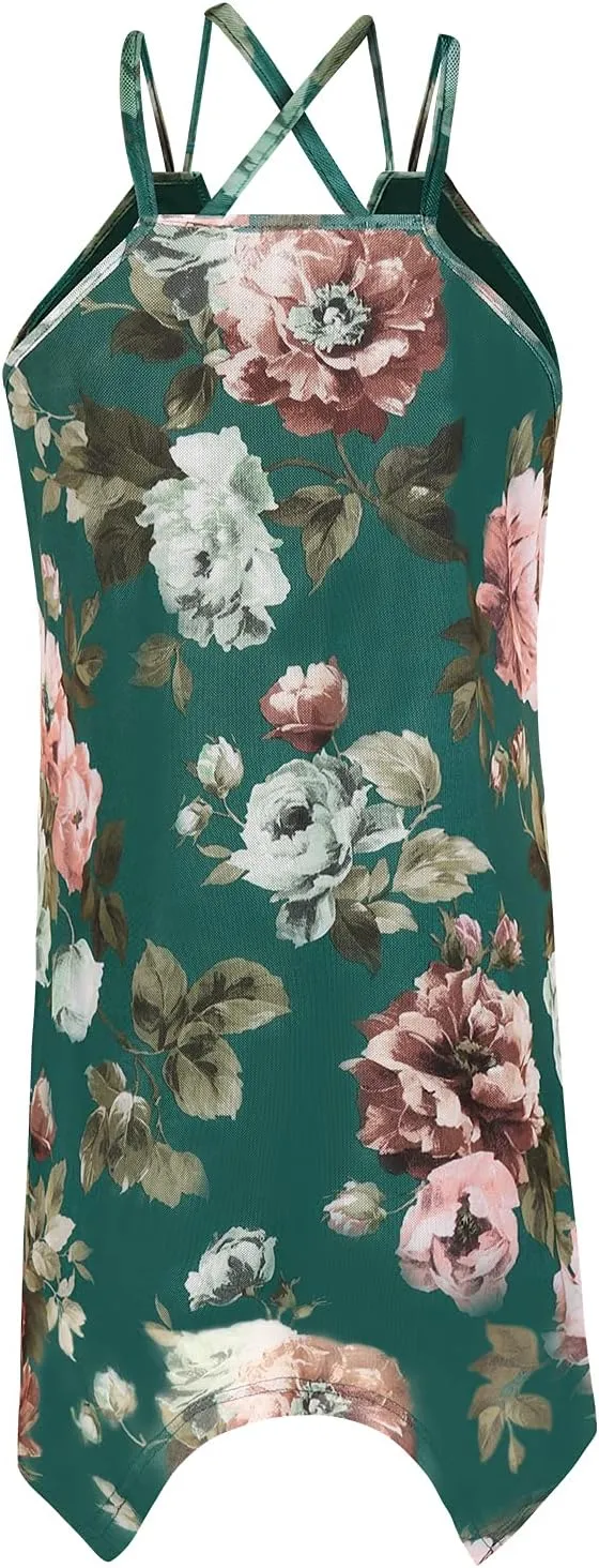Womens Casual Spaghetti Strap Tank Tops Floral Print Asymmetric Hem Camisoles