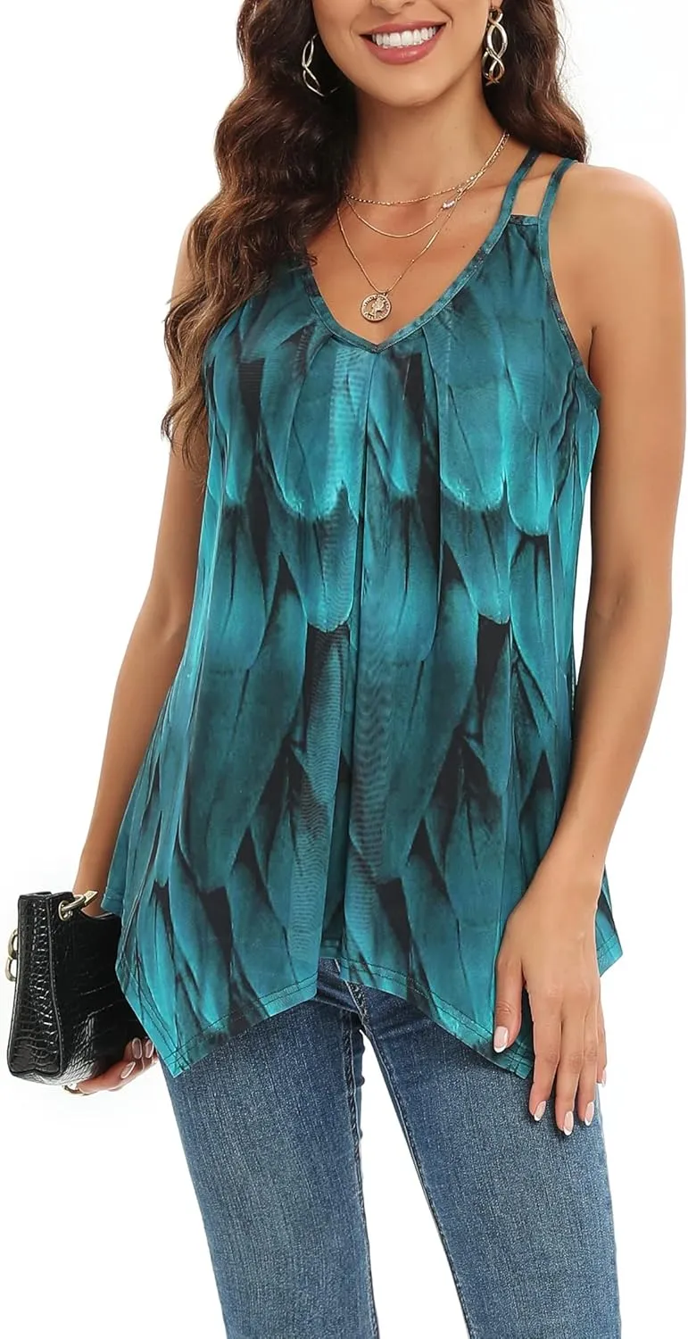 Womens Casual Spaghetti Strap Tank Tops Floral Print Asymmetric Hem Camisoles