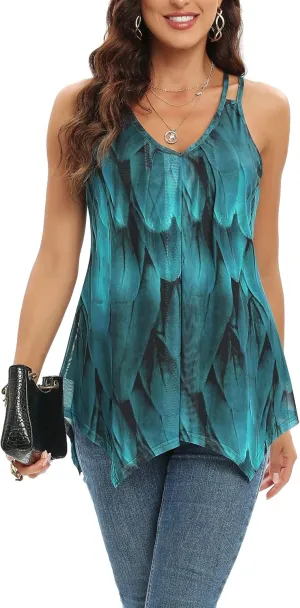 Womens Casual Spaghetti Strap Tank Tops Floral Print Asymmetric Hem Camisoles