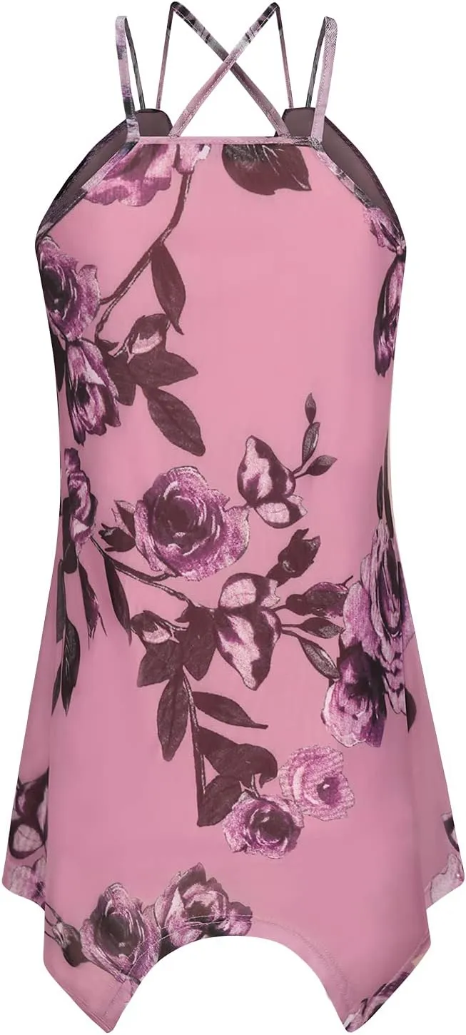 Womens Casual Spaghetti Strap Tank Tops Floral Print Asymmetric Hem Camisoles
