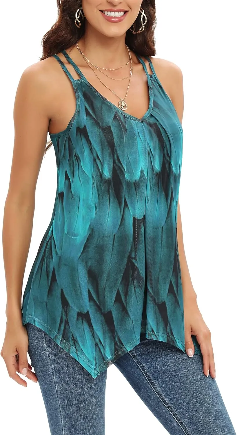 Womens Casual Spaghetti Strap Tank Tops Floral Print Asymmetric Hem Camisoles