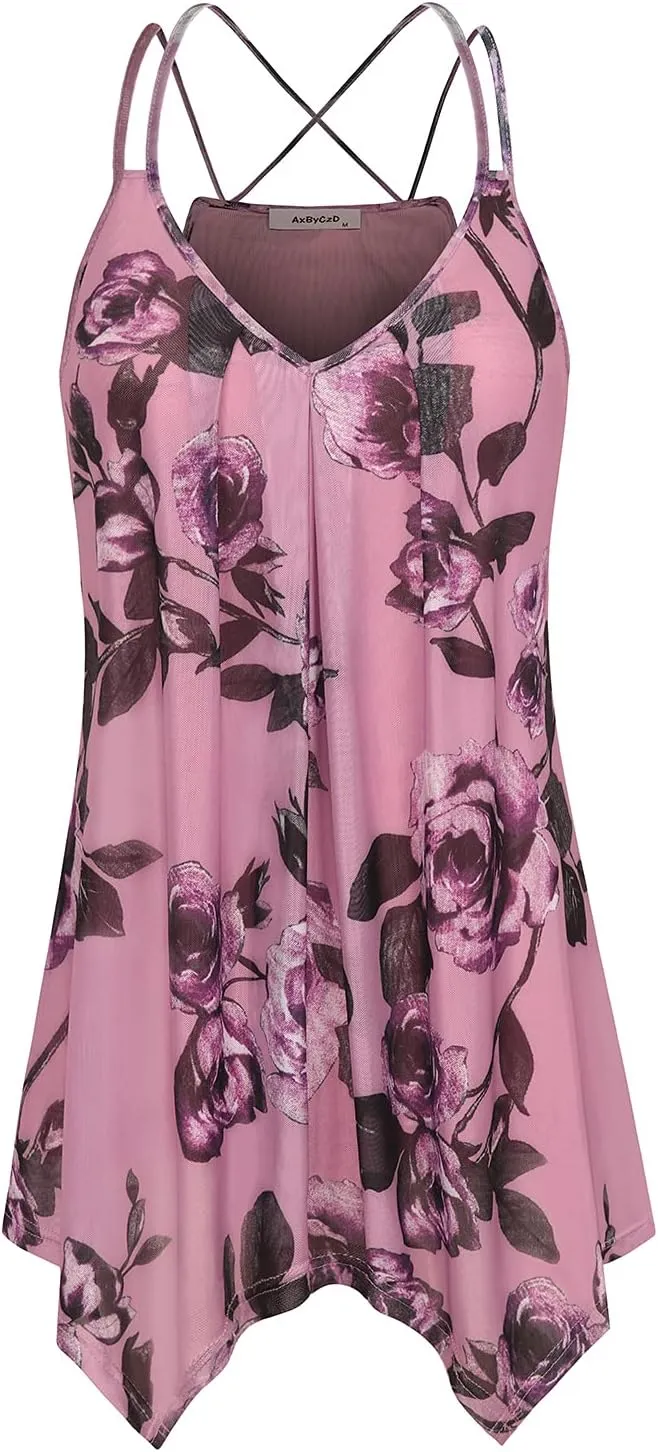 Womens Casual Spaghetti Strap Tank Tops Floral Print Asymmetric Hem Camisoles