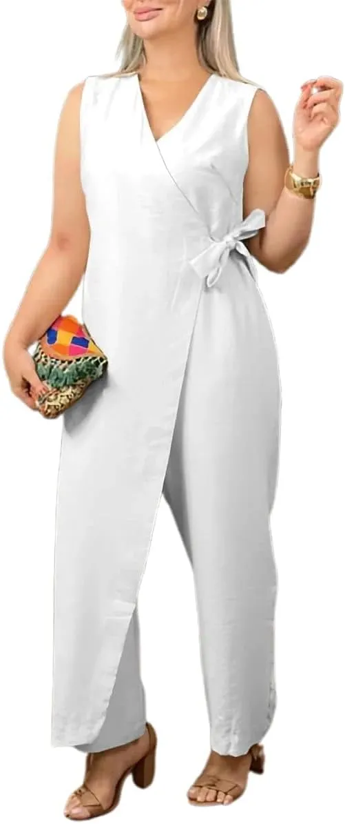 Women's Casual V-neck Cross Strap Jumpsuit, Summer Sleeveless High Waist Wide Leg Dressy Romper Outfits