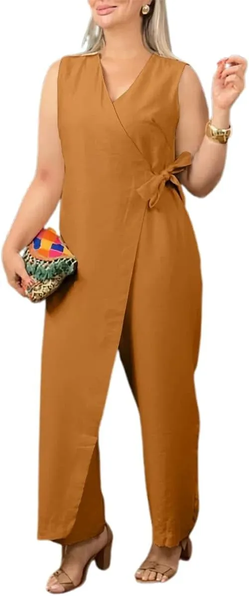Women's Casual V-neck Cross Strap Jumpsuit, Summer Sleeveless High Waist Wide Leg Dressy Romper Outfits