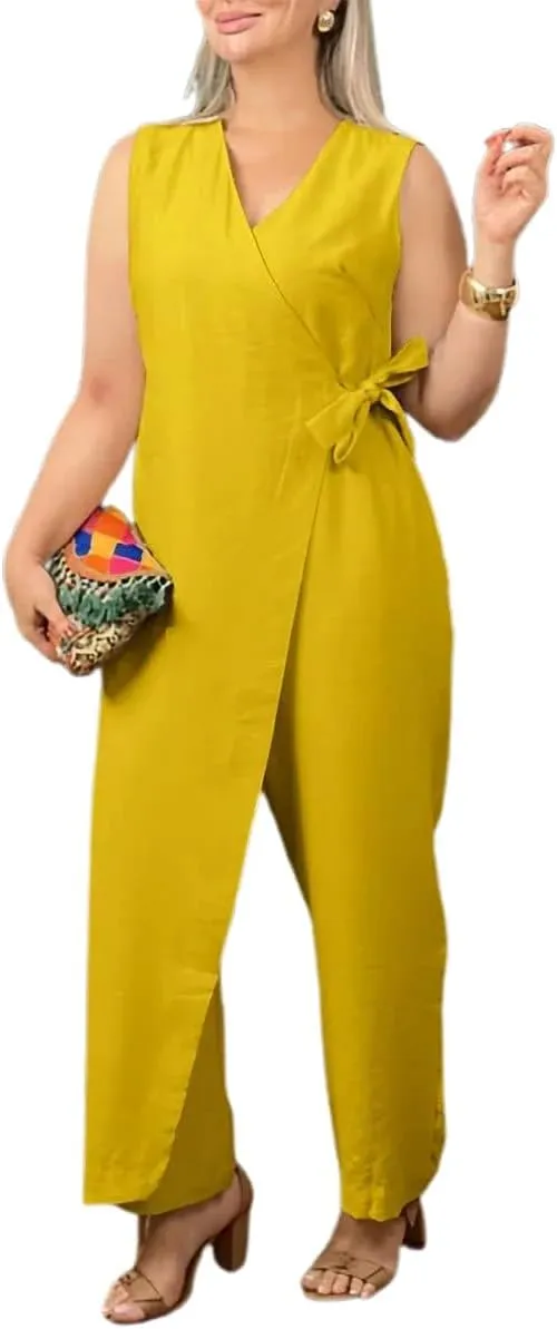 Women's Casual V-neck Cross Strap Jumpsuit, Summer Sleeveless High Waist Wide Leg Dressy Romper Outfits