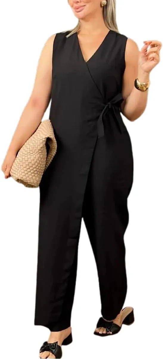 Women's Casual V-neck Cross Strap Jumpsuit, Summer Sleeveless High Waist Wide Leg Dressy Romper Outfits