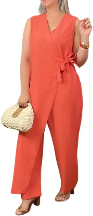 Women's Casual V-neck Cross Strap Jumpsuit, Summer Sleeveless High Waist Wide Leg Dressy Romper Outfits