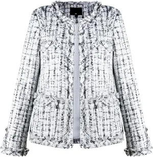 Women's Collarless Plaid Tweed Blazer Elegant Open Front Fringed Casual Business Glitter Jacket