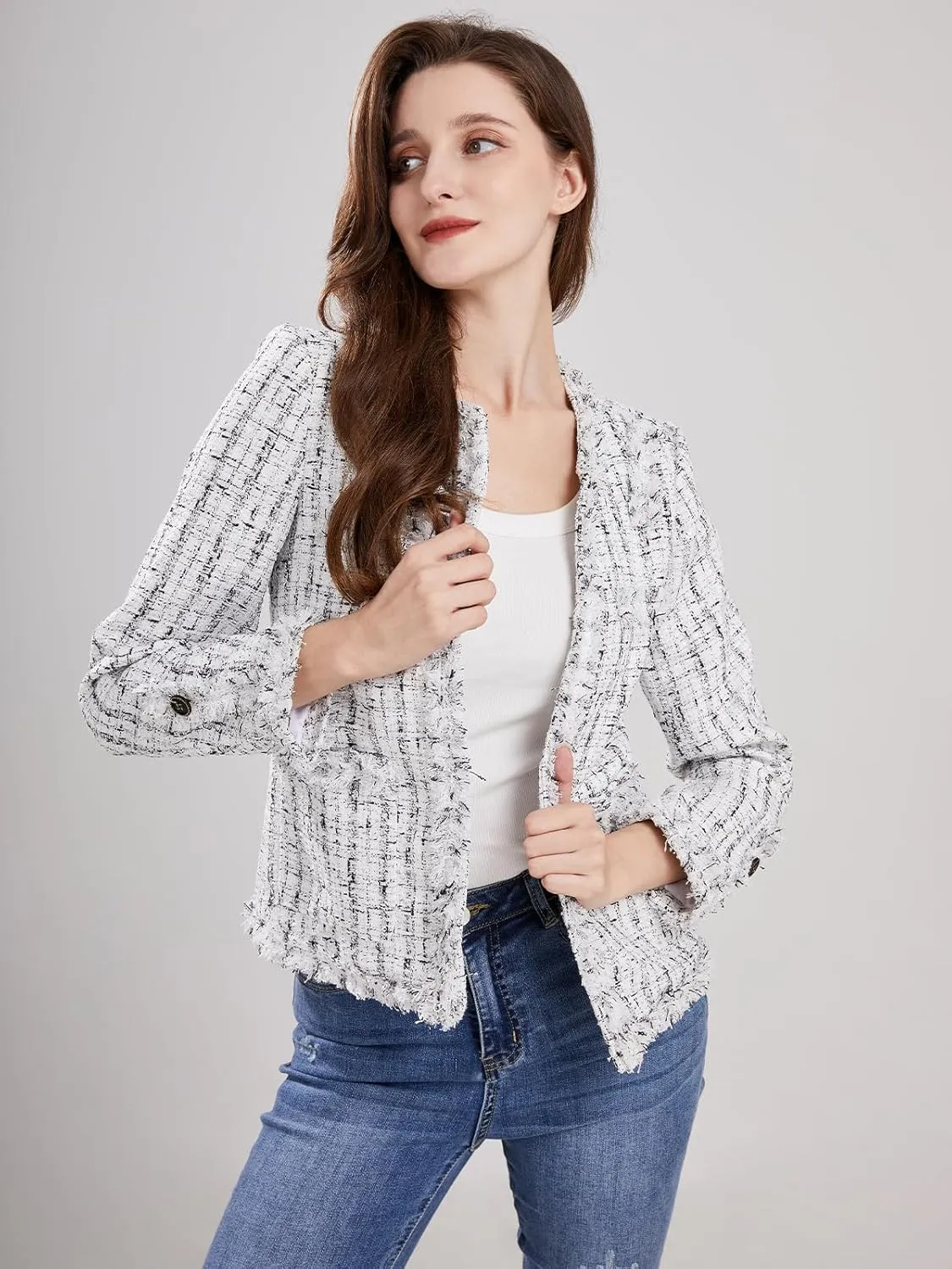 Women's Collarless Plaid Tweed Blazer Elegant Open Front Fringed Casual Business Glitter Jacket