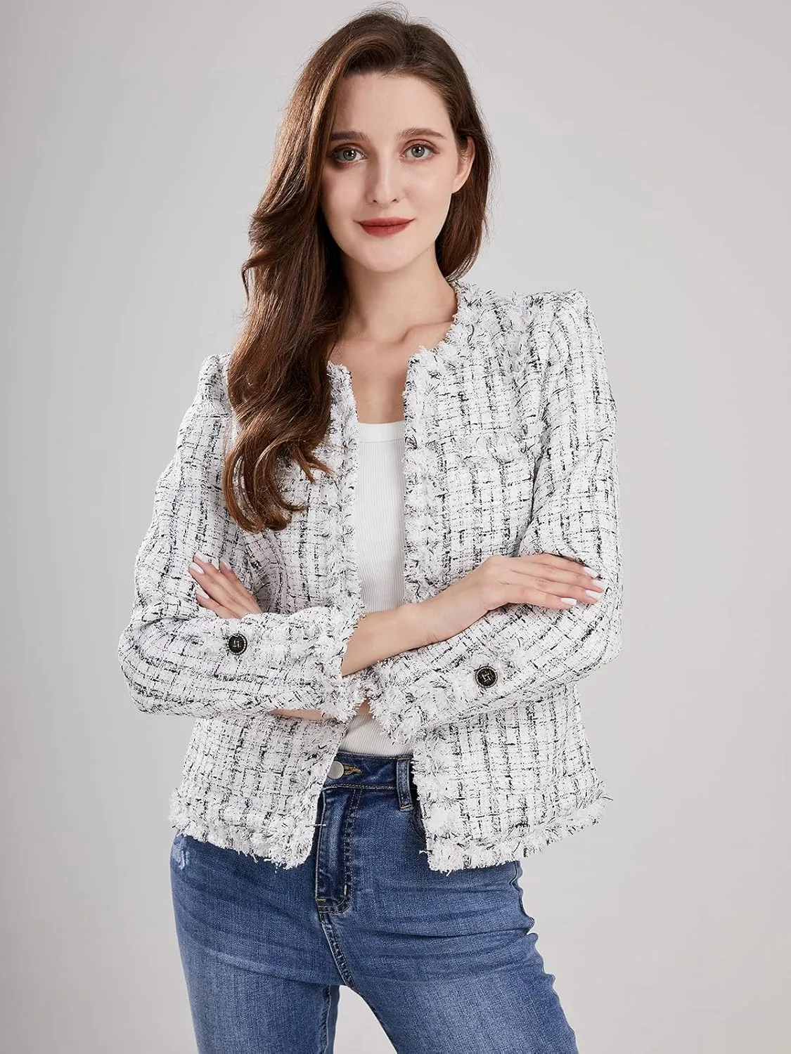 Women's Collarless Plaid Tweed Blazer Elegant Open Front Fringed Casual Business Glitter Jacket