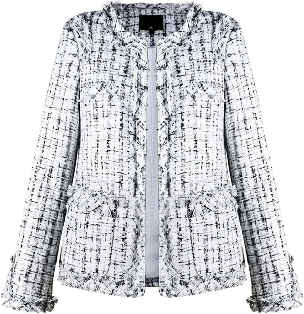 Women's Collarless Plaid Tweed Blazer Elegant Open Front Fringed Casual Business Glitter Jacket