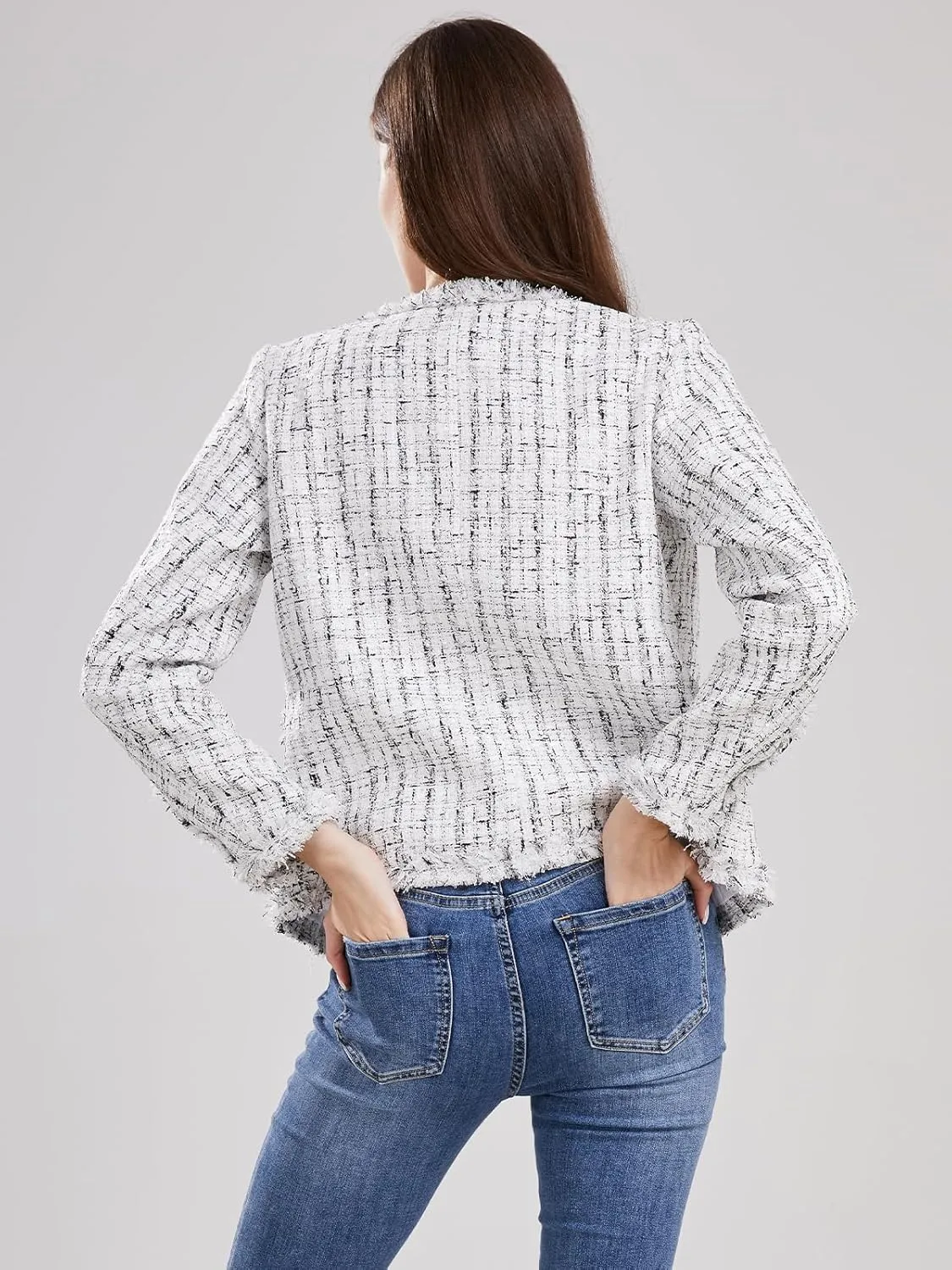 Women's Collarless Plaid Tweed Blazer Elegant Open Front Fringed Casual Business Glitter Jacket