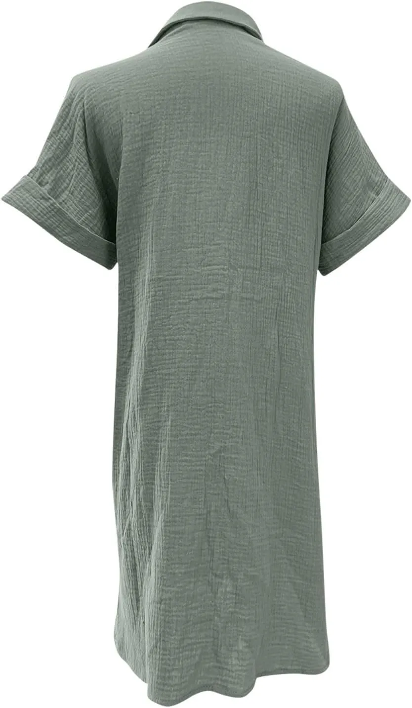 Womens Cotton Short Sleeve Shirt Dress Casual Loose Fit Button Down Mini Dress with Pockets Summer Beach Sundress