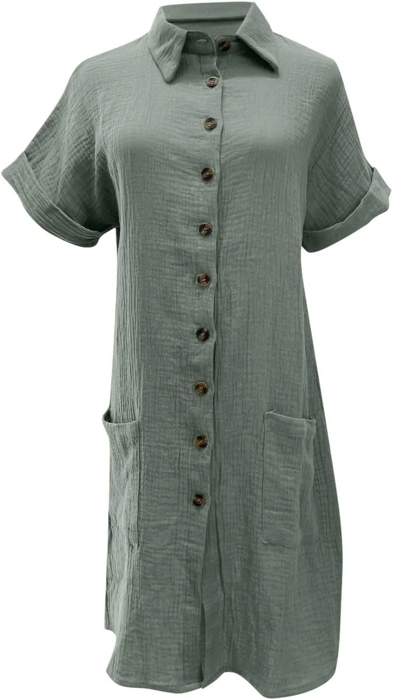 Womens Cotton Short Sleeve Shirt Dress Casual Loose Fit Button Down Mini Dress with Pockets Summer Beach Sundress