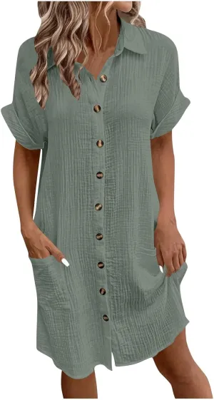 Womens Cotton Short Sleeve Shirt Dress Casual Loose Fit Button Down Mini Dress with Pockets Summer Beach Sundress