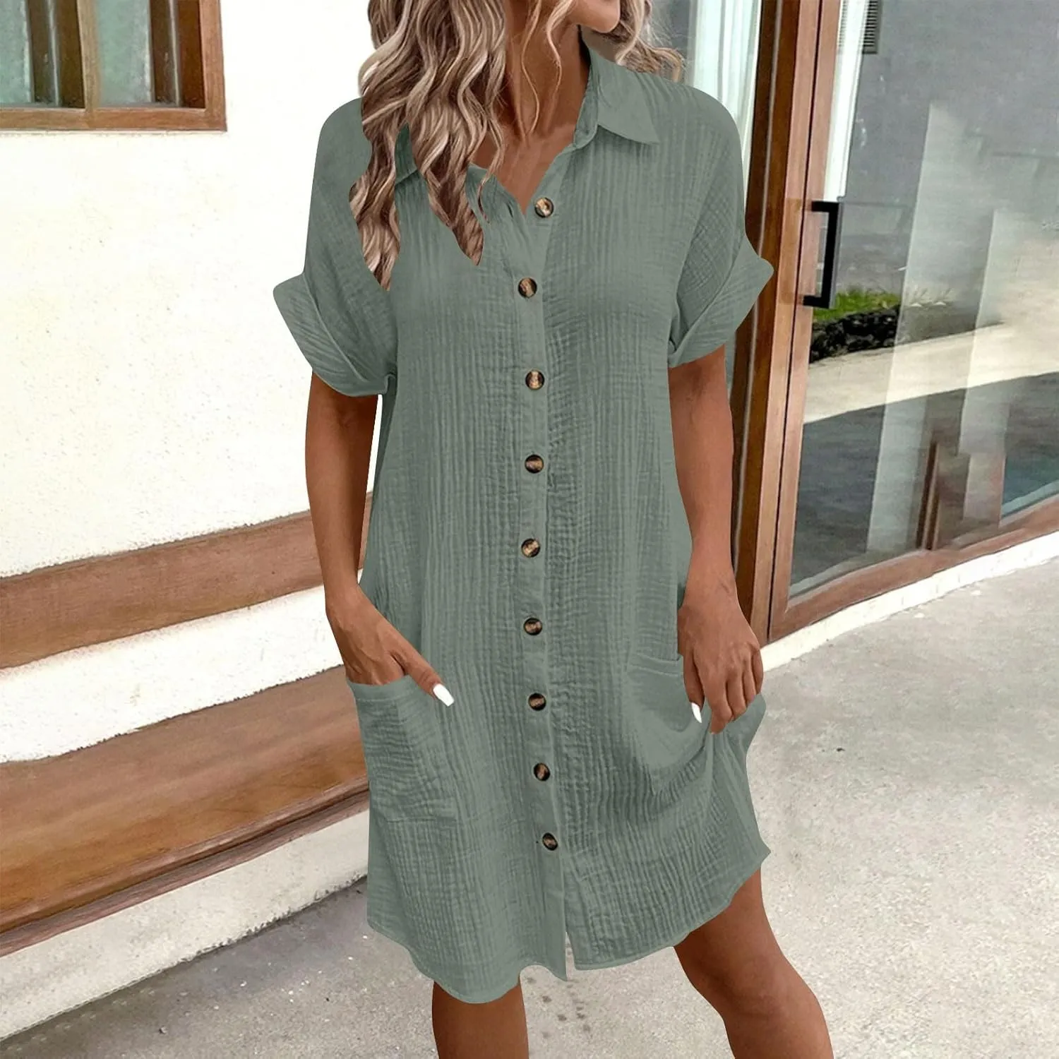 Womens Cotton Short Sleeve Shirt Dress Casual Loose Fit Button Down Mini Dress with Pockets Summer Beach Sundress