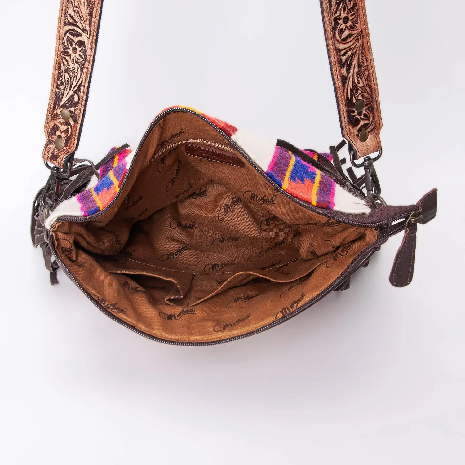 Womens Cowhide Leather Crossbody Bag  Western Style Purse with Tooled Leather Accents and Adjustable Strap
