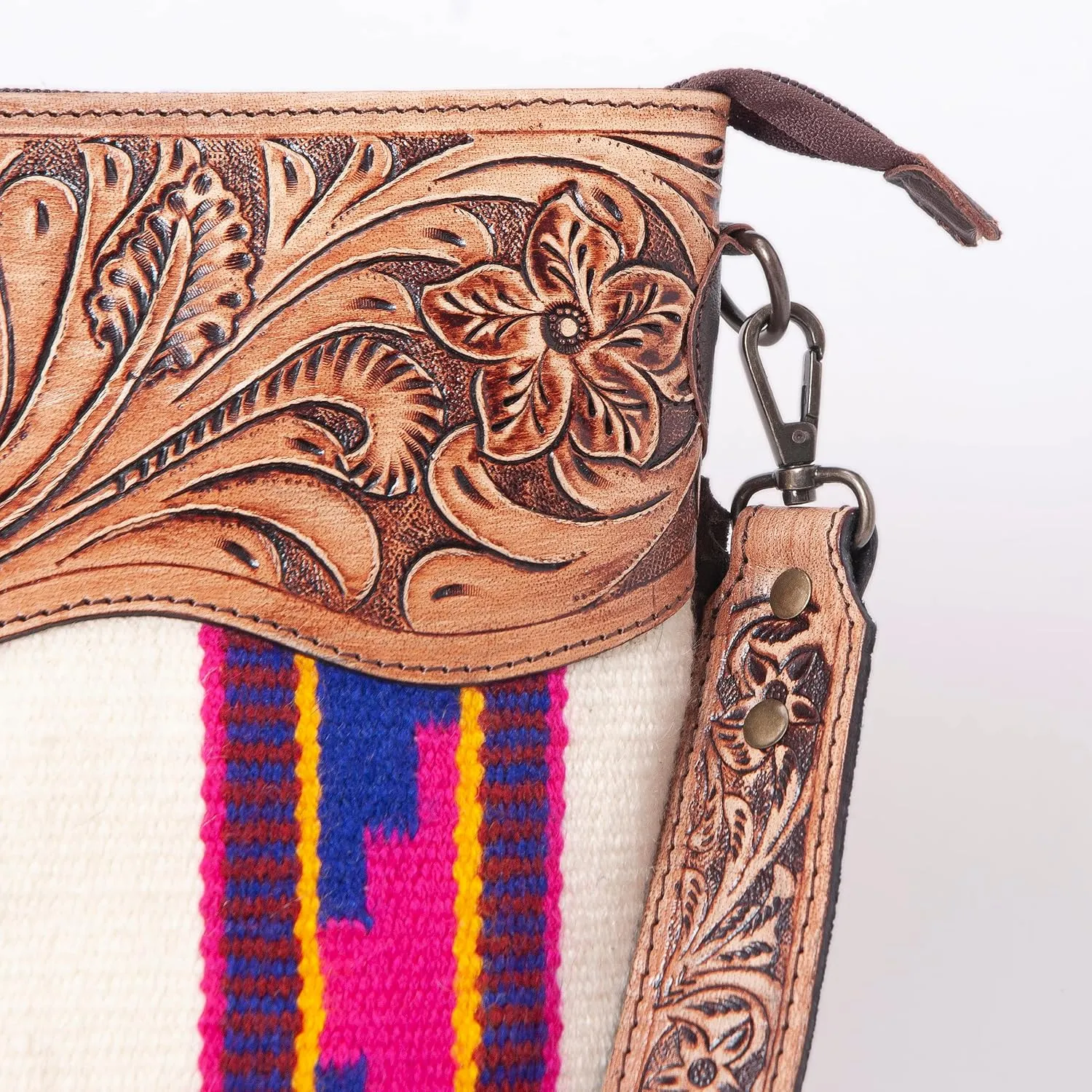 Womens Cowhide Leather Crossbody Bag  Western Style Purse with Tooled Leather Accents and Adjustable Strap