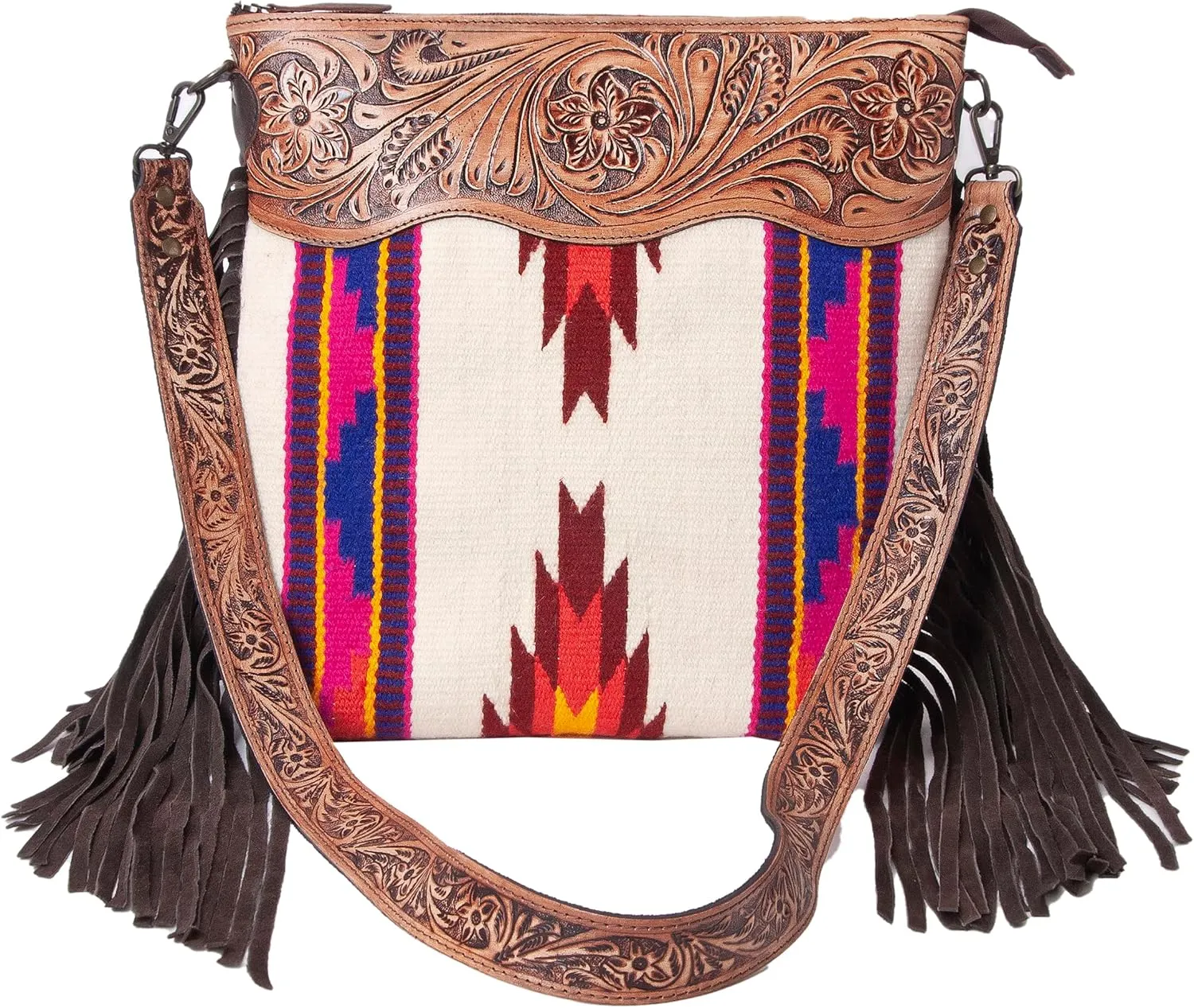 Womens Cowhide Leather Crossbody Bag  Western Style Purse with Tooled Leather Accents and Adjustable Strap