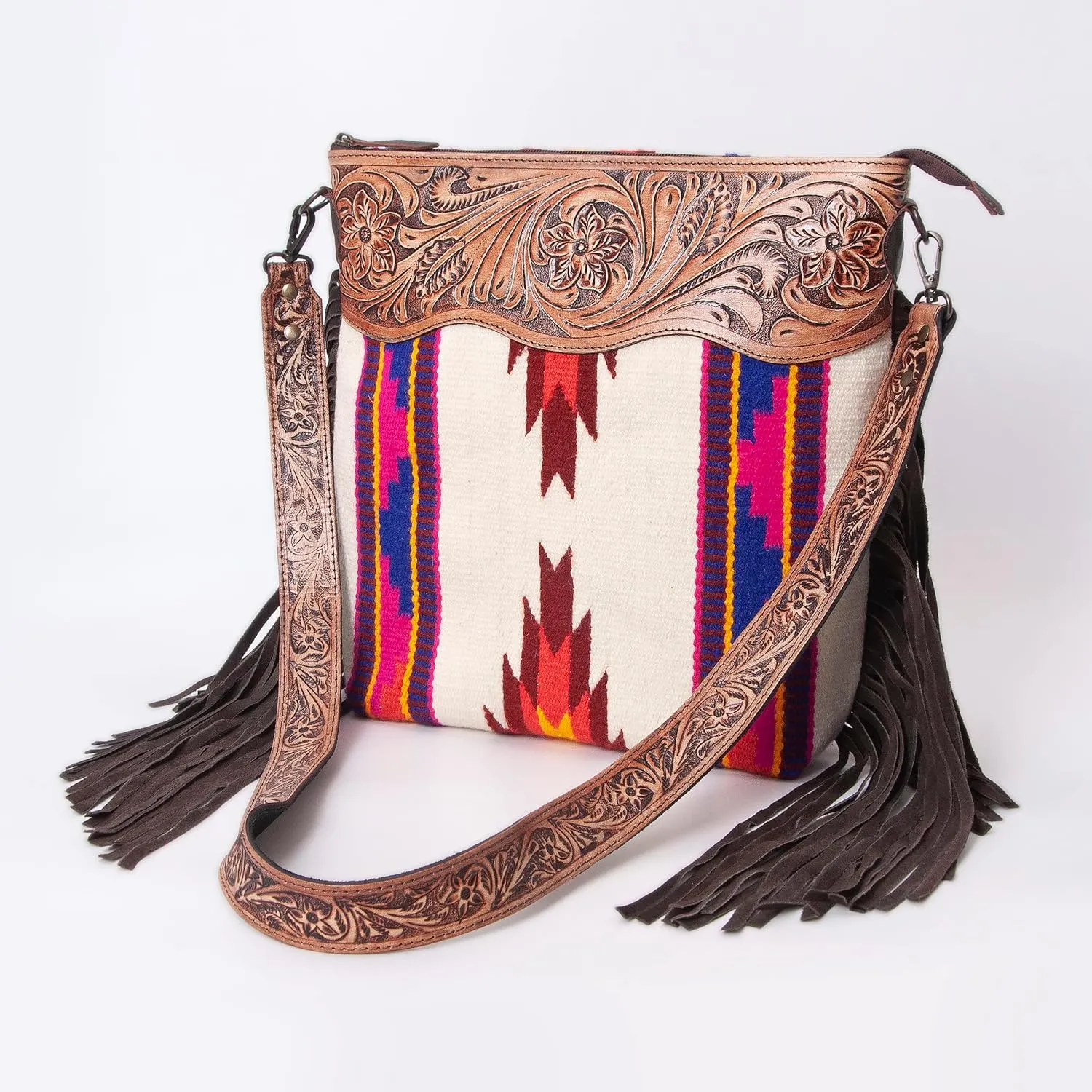 Womens Cowhide Leather Crossbody Bag  Western Style Purse with Tooled Leather Accents and Adjustable Strap