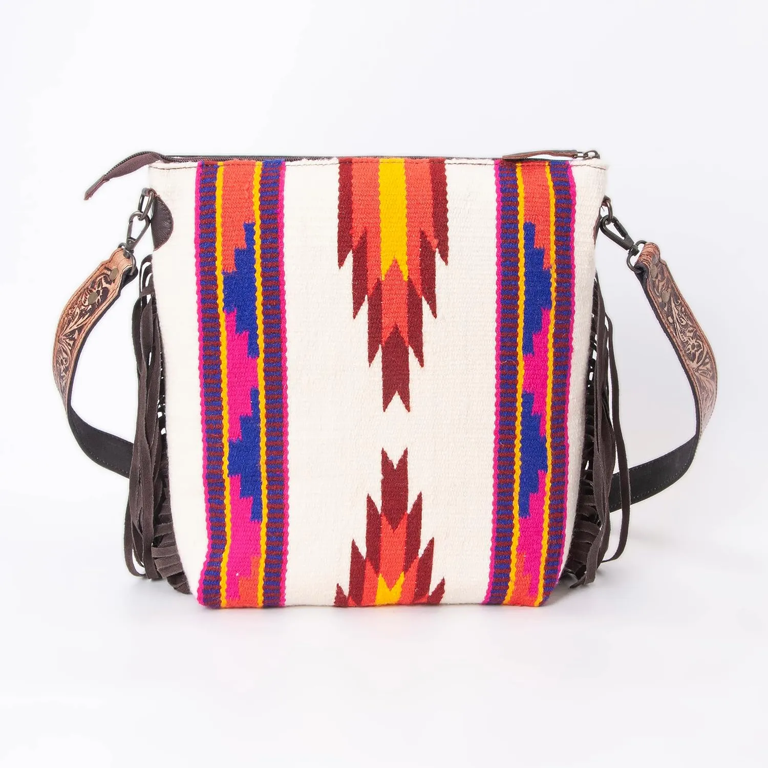 Womens Cowhide Leather Crossbody Bag  Western Style Purse with Tooled Leather Accents and Adjustable Strap