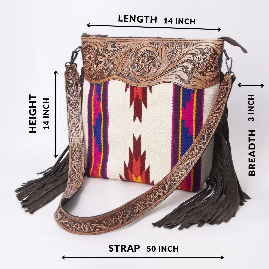 Womens Cowhide Leather Crossbody Bag  Western Style Purse with Tooled Leather Accents and Adjustable Strap