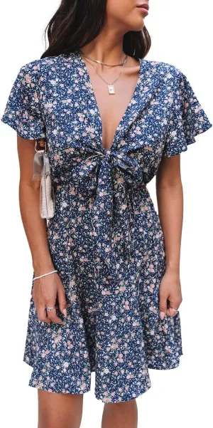 Women's Deep V-Neck Floral Tie Short Sleeve Bow Ruffle Mini Dress Sexy High Waist Knee-Length A Line Flare Skirt