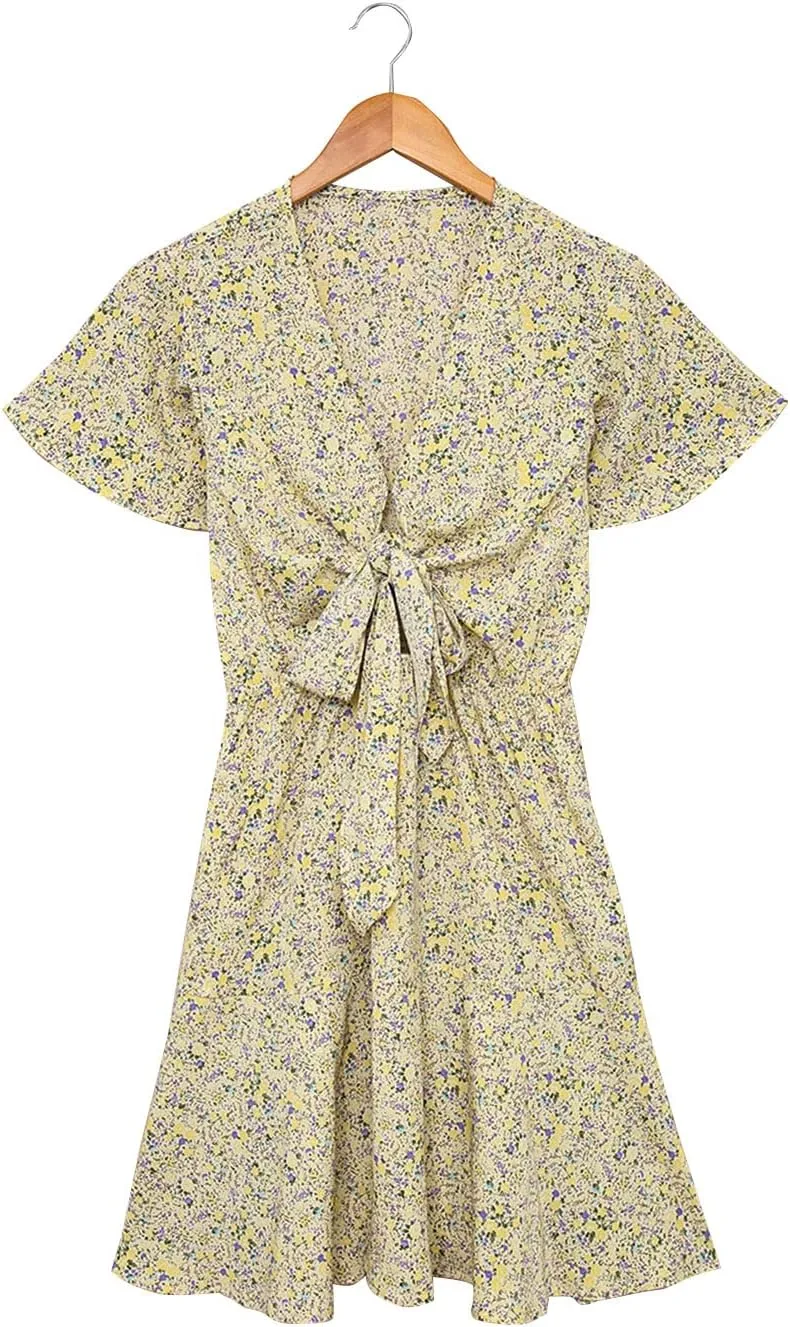 Women's Deep V-Neck Floral Tie Short Sleeve Bow Ruffle Mini Dress Sexy High Waist Knee-Length A Line Flare Skirt
