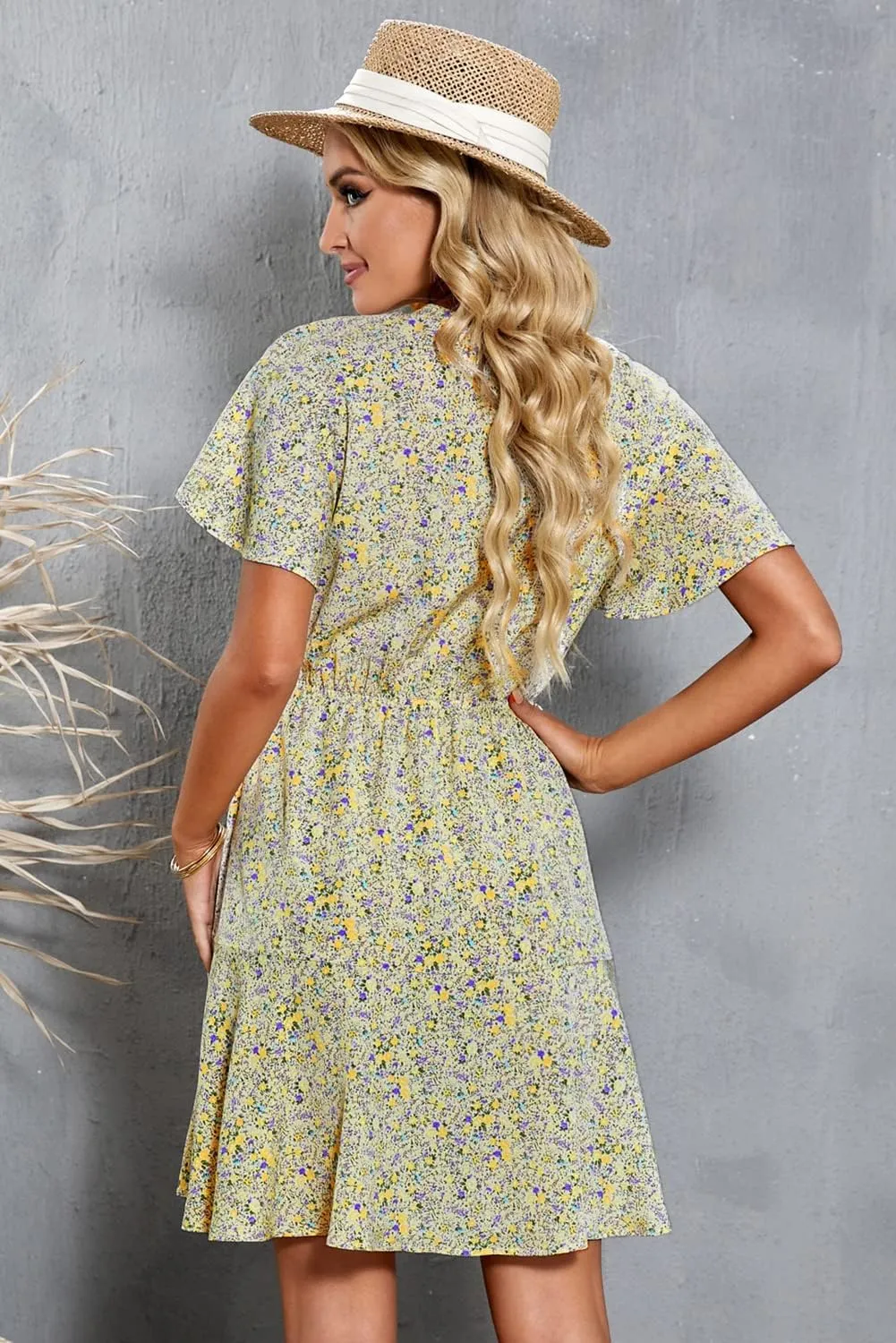 Women's Deep V-Neck Floral Tie Short Sleeve Bow Ruffle Mini Dress Sexy High Waist Knee-Length A Line Flare Skirt