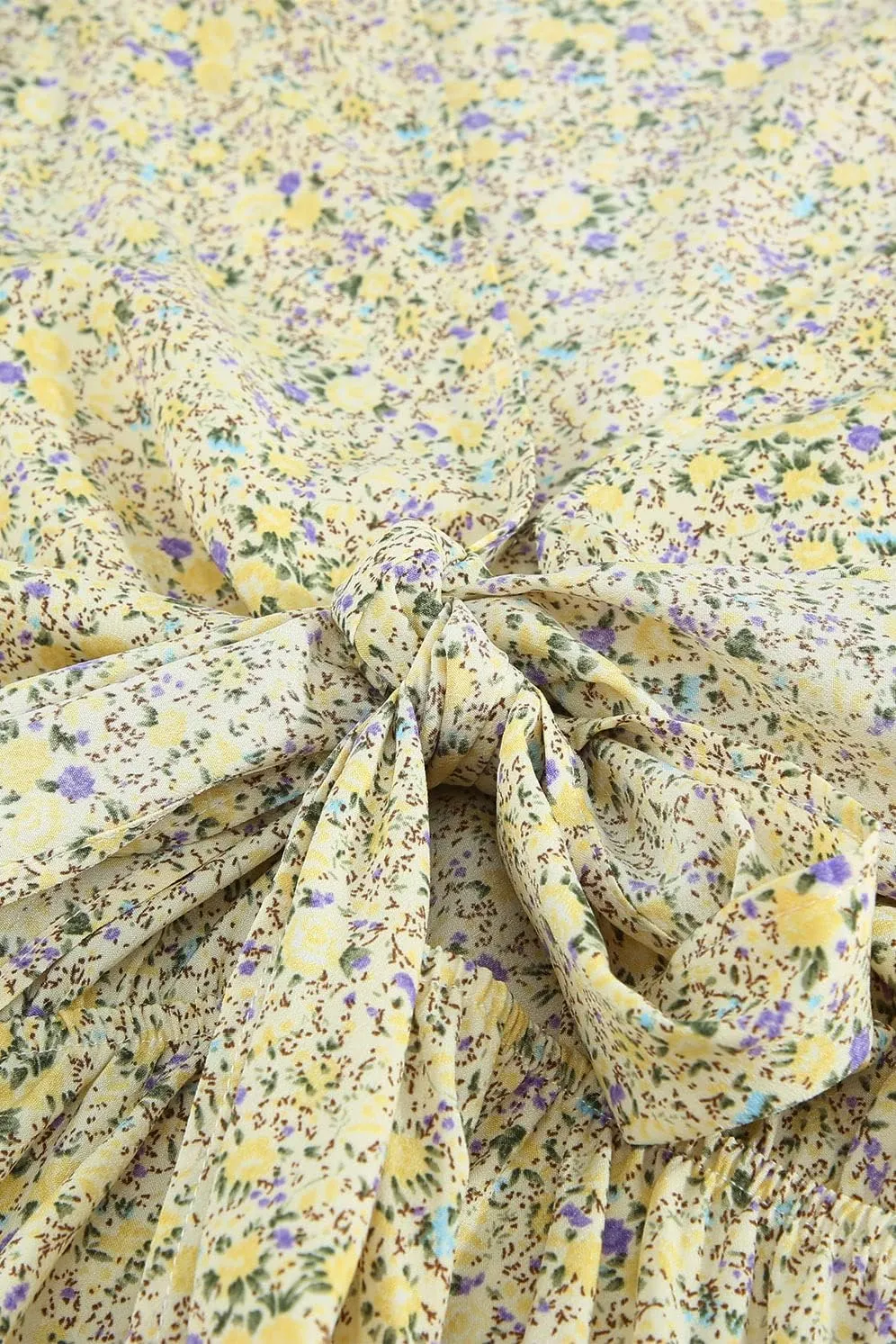 Women's Deep V-Neck Floral Tie Short Sleeve Bow Ruffle Mini Dress Sexy High Waist Knee-Length A Line Flare Skirt