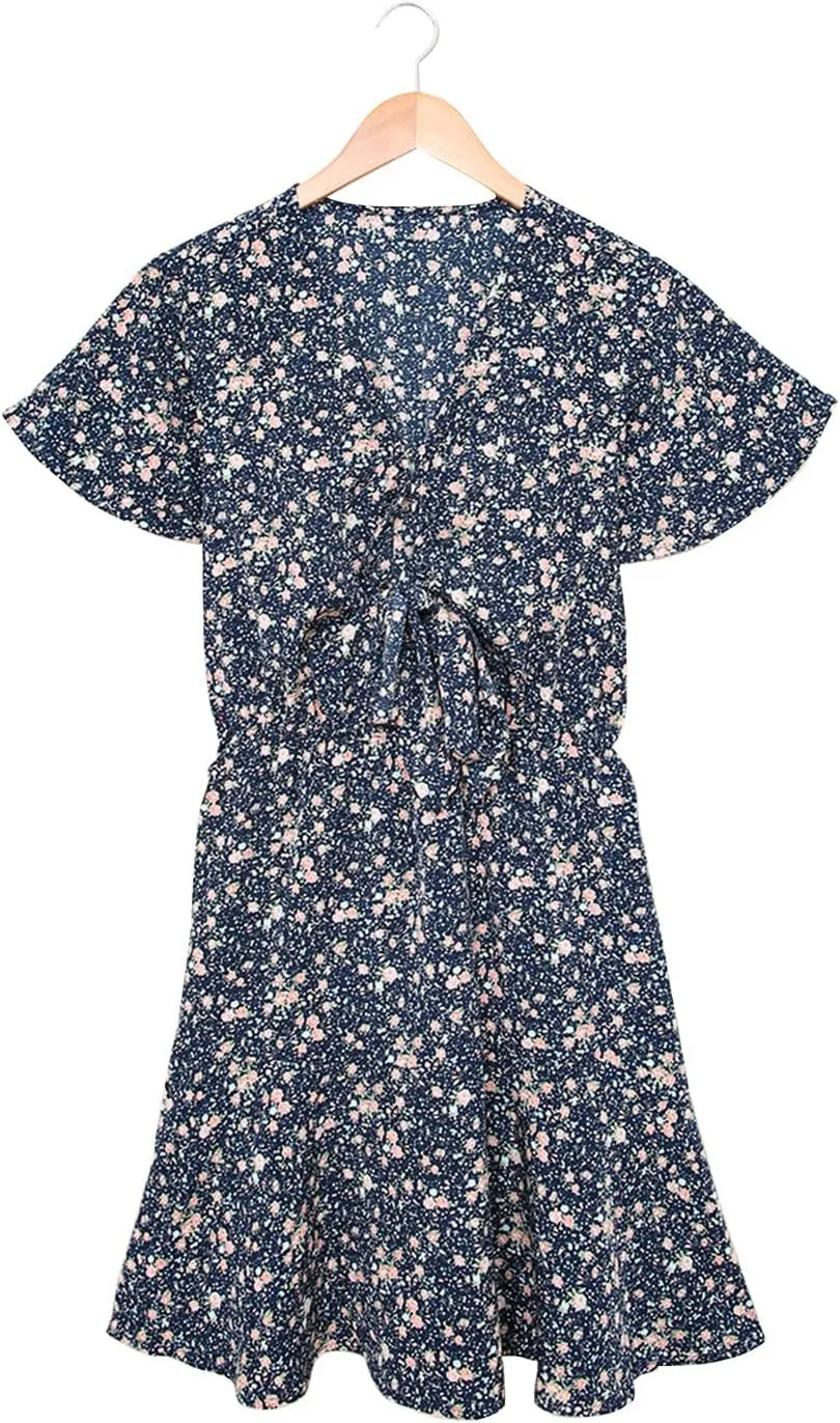 Women's Deep V-Neck Floral Tie Short Sleeve Bow Ruffle Mini Dress Sexy High Waist Knee-Length A Line Flare Skirt