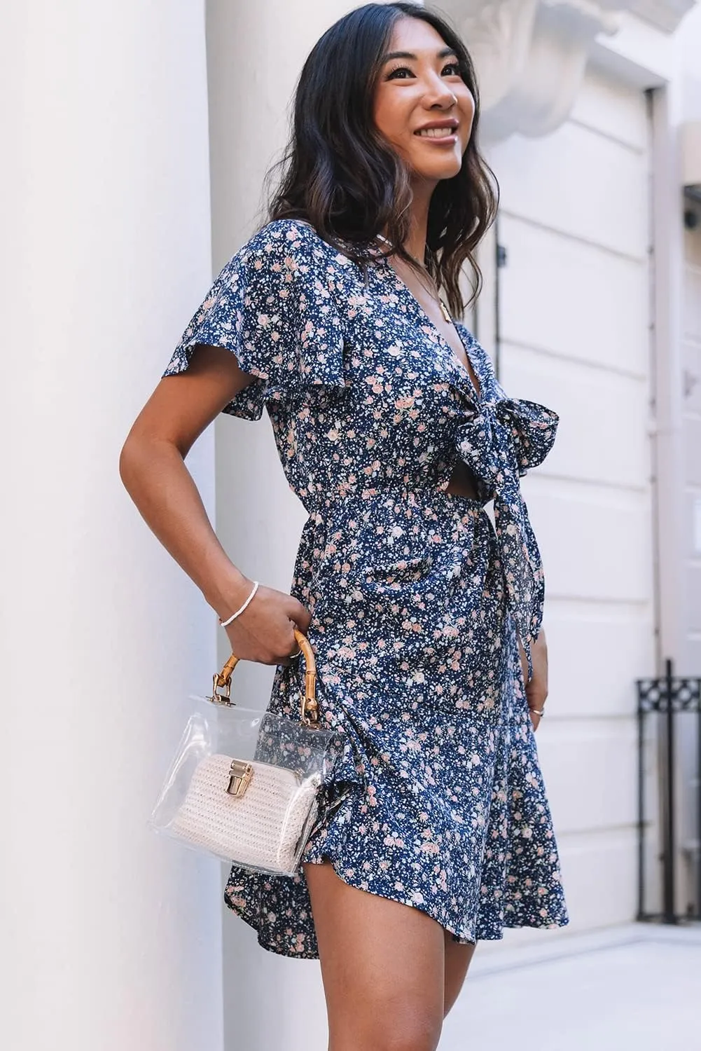 Women's Deep V-Neck Floral Tie Short Sleeve Bow Ruffle Mini Dress Sexy High Waist Knee-Length A Line Flare Skirt