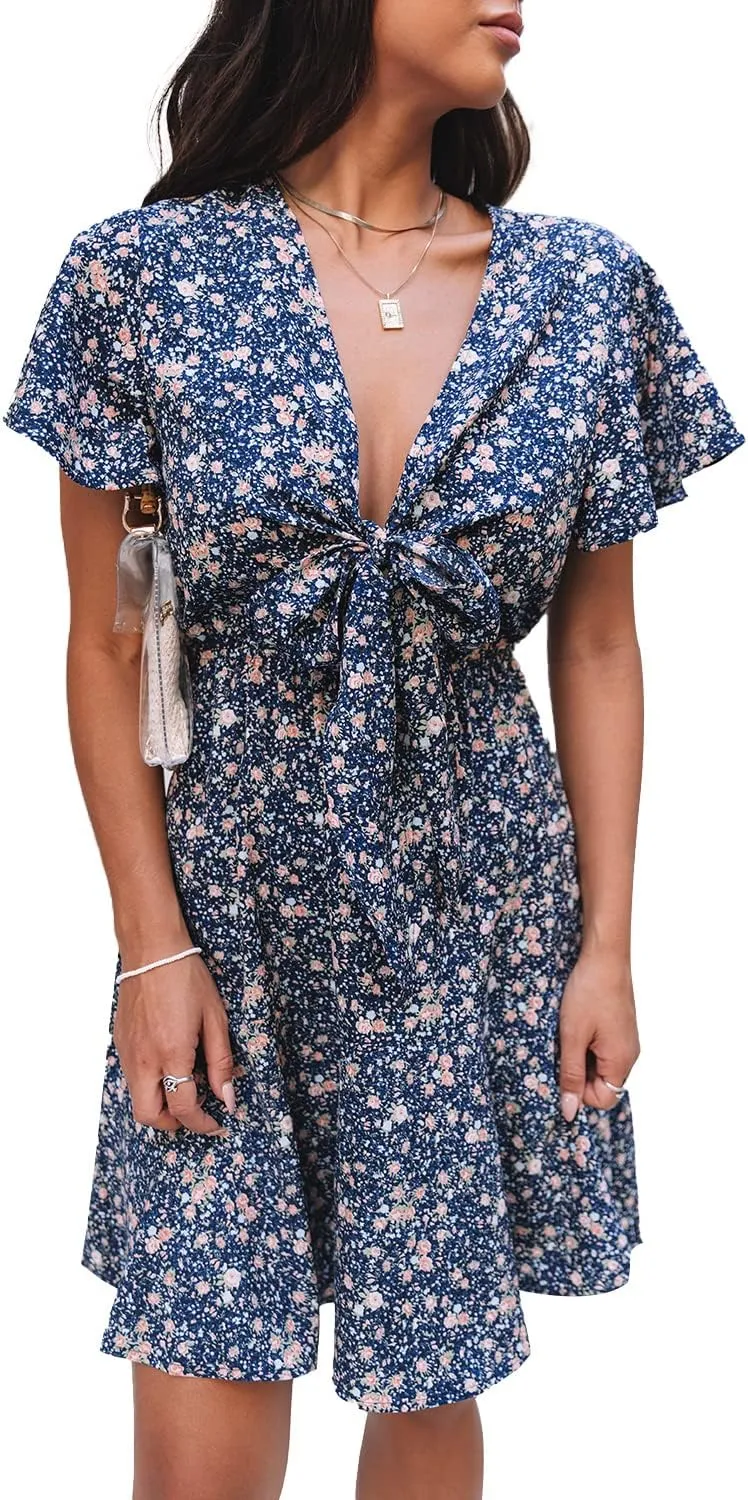 Women's Deep V-Neck Floral Tie Short Sleeve Bow Ruffle Mini Dress Sexy High Waist Knee-Length A Line Flare Skirt