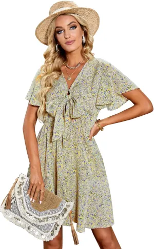 Women's Deep V-Neck Floral Tie Short Sleeve Bow Ruffle Mini Dress Sexy High Waist Knee-Length A Line Flare Skirt
