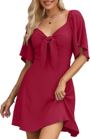 Womens Dresses 2024 Spring Summer Deep V Neck Elegant Bow tie Mini Dress S-XL