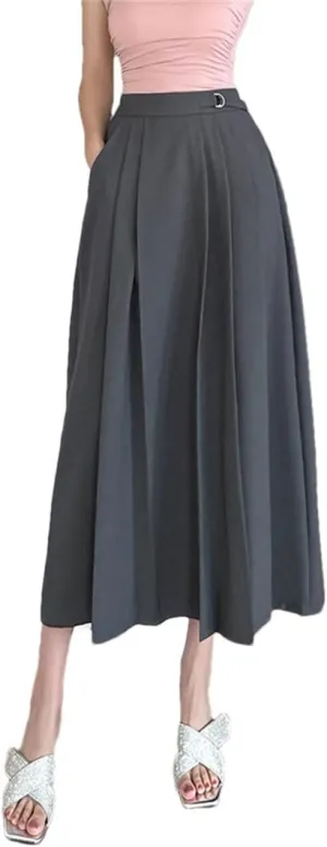 Women's Elegant Pleated Skirts Vintage Solid Color High Waist Casual Mid Length A-Line Skirts