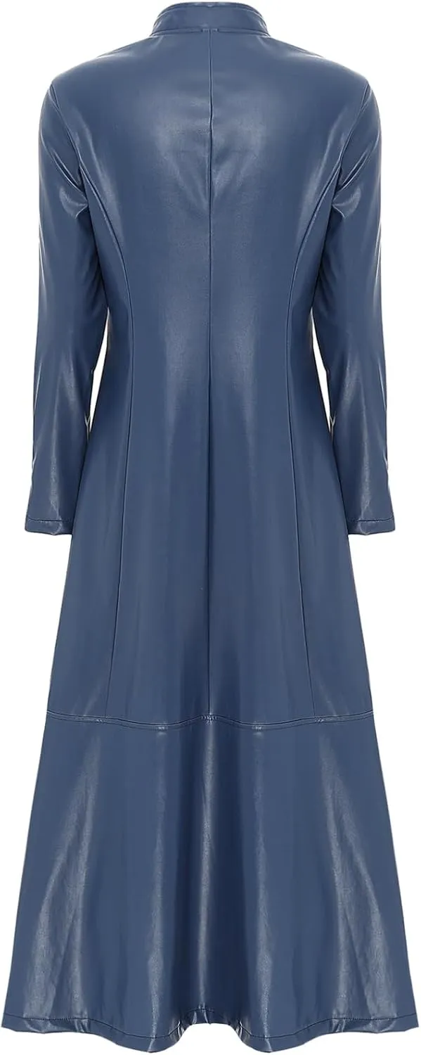 Women's Faux Leather Jacket Trench Coat Fashion Long Sleeves Full Zipper Ankle Length Dress