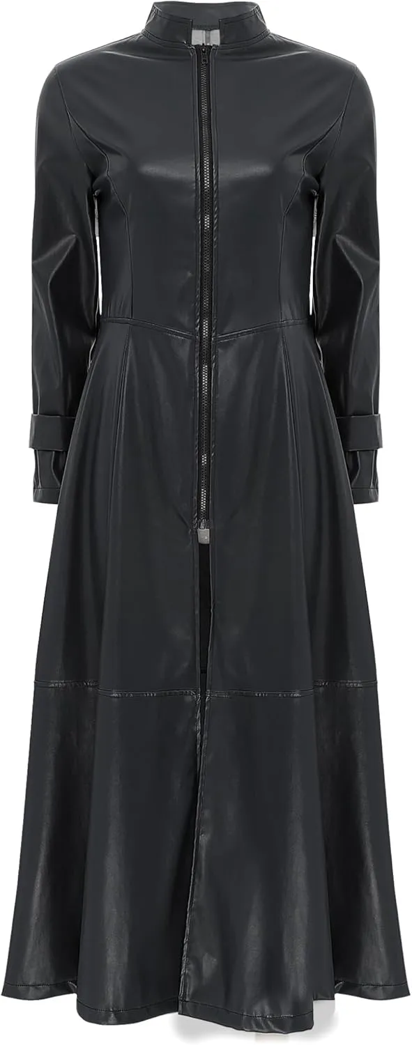 Women's Faux Leather Jacket Trench Coat Fashion Long Sleeves Full Zipper Ankle Length Dress
