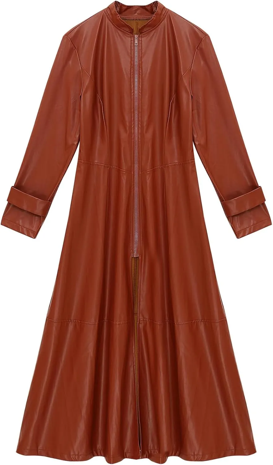 Women's Faux Leather Jacket Trench Coat Fashion Long Sleeves Full Zipper Ankle Length Dress
