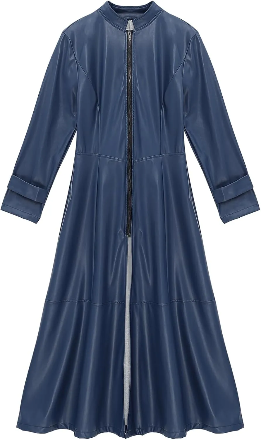 Women's Faux Leather Jacket Trench Coat Fashion Long Sleeves Full Zipper Ankle Length Dress