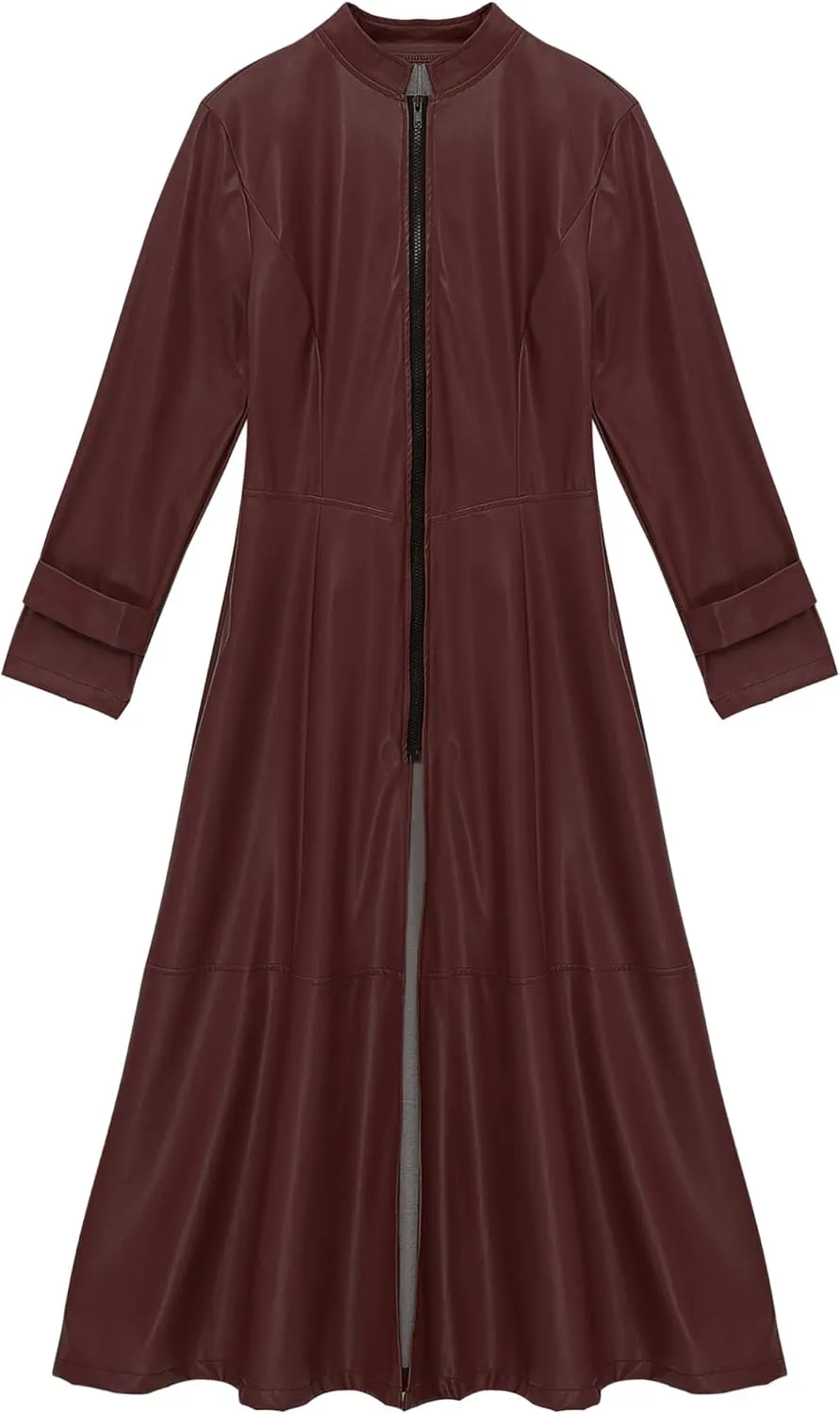 Women's Faux Leather Jacket Trench Coat Fashion Long Sleeves Full Zipper Ankle Length Dress