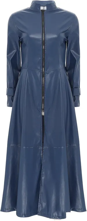 Women's Faux Leather Jacket Trench Coat Fashion Long Sleeves Full Zipper Ankle Length Dress