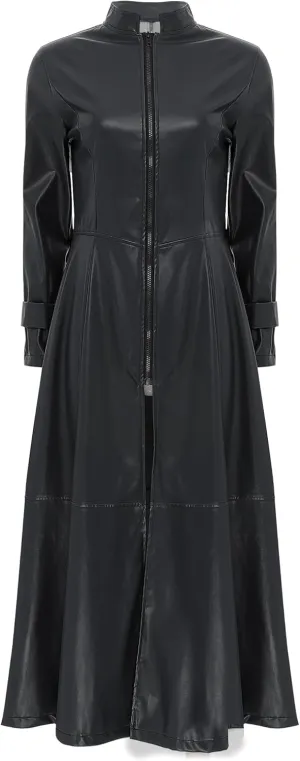 Women's Faux Leather Jacket Trench Coat Fashion Long Sleeves Full Zipper Ankle Length Dress